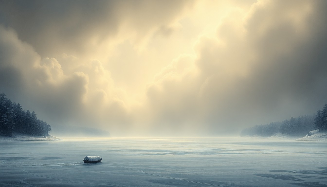 A vast, atmospheric landscape painting depicting a heavy snowstorm sweeping across a frozen lake, with the scale of the natural elements dwarfing any physical structures in the scene.