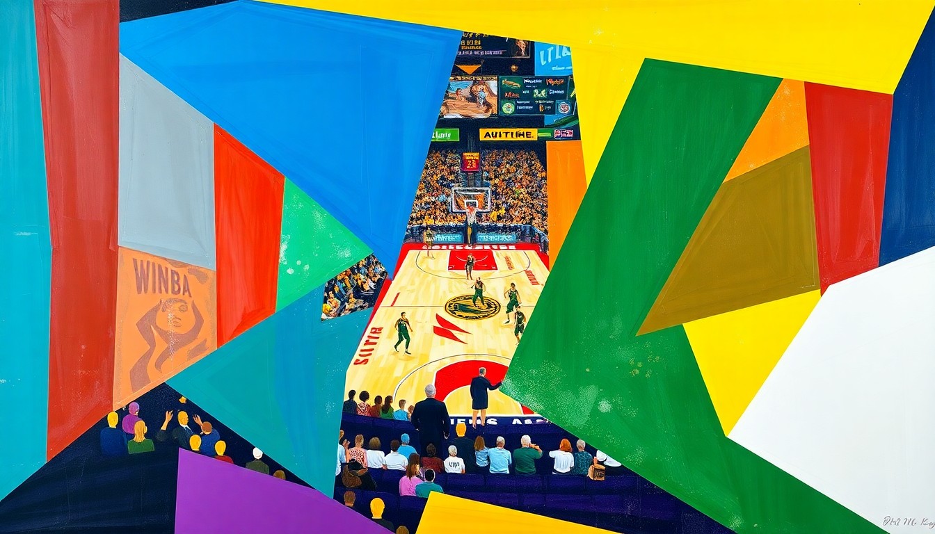 A cubist, geometric painting depicting a fragmented WNBA basketball game, with sharp planes of color representing the dynamic action on the court.