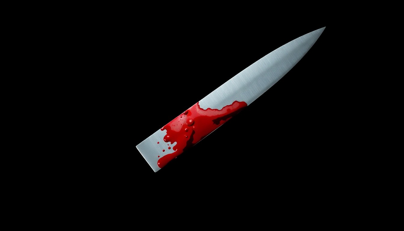 An extreme close-up of a single bloody knife blade against a pitch-black background, creating a stark, gritty, investigative aesthetic through the use of harsh, direct flash lighting.