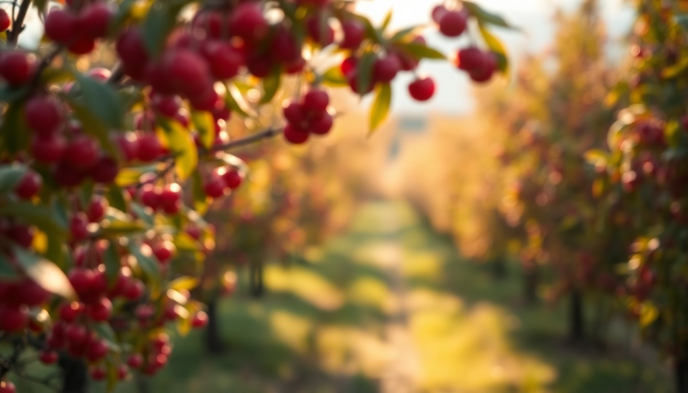 An abstract, impressionistic photograph of cherry orchards in soft focus, with warm, hazy pools of light and color, conveying the quiet importance of the Royal Ann cherry to the local community.