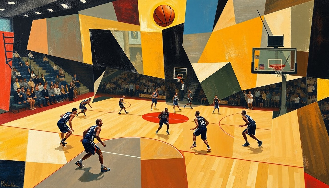A fractured, cubist-style painting depicting the dynamic motion and energy of a basketball game, with the players and court broken down into abstract geometric shapes and planes of color.