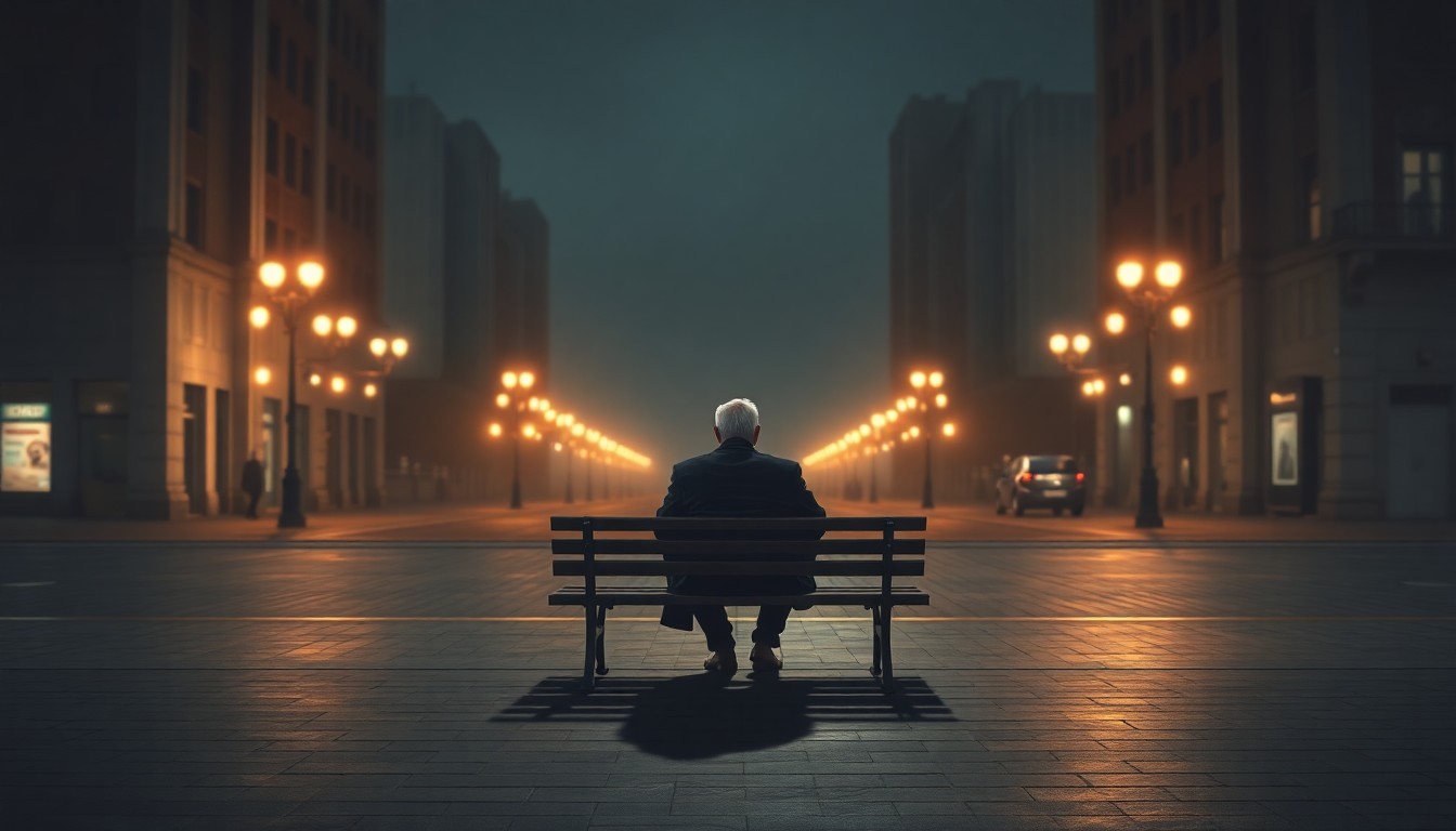 An oil painting in the style of Edward Hopper depicting an elderly man sitting alone on a bench in a dimly lit urban plaza, the warm glow of streetlights casting long shadows, conceptually representing the Pope's somber plea for peace.