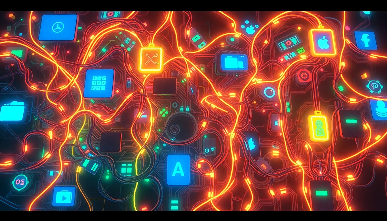 A highly detailed, glowing 3D illustration of a tangled web of neon-lit circuit boards, wires, and digital interfaces, conceptually representing the complex and addictive nature of social media and gaming platforms that exploit children.