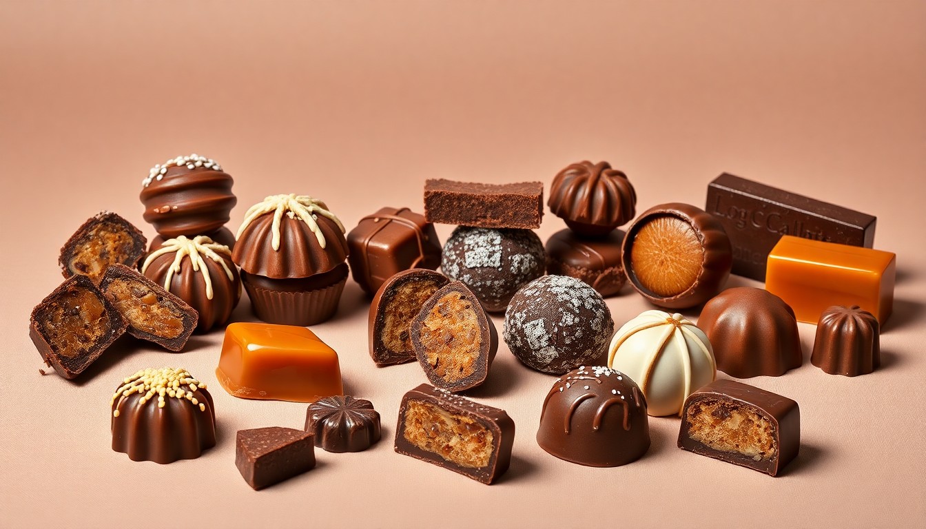 A high-end studio still life featuring an elegant arrangement of handcrafted chocolate truffles, caramel-filled bonbons, and other premium confections on a clean, monochromatic background, conceptually representing the closing of a beloved local chocolate shop.