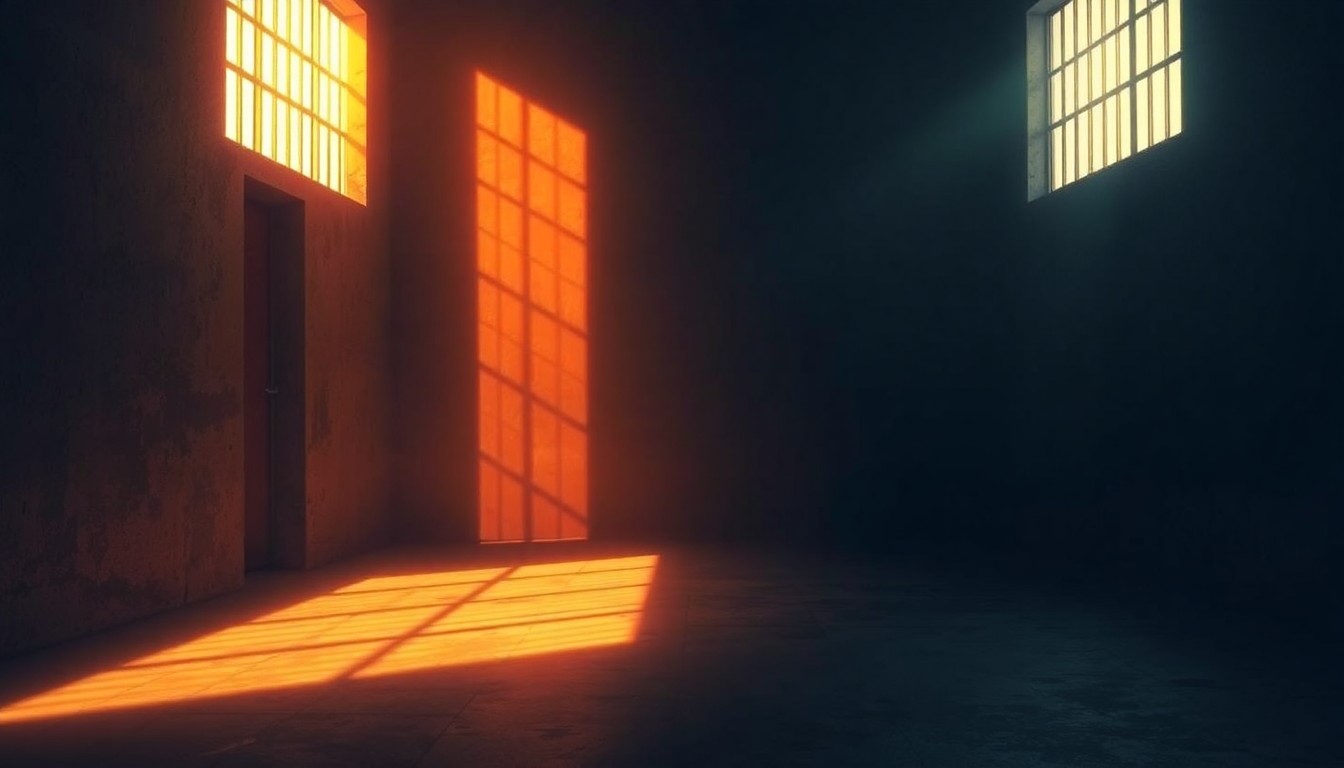 A dimly lit, cinematic painting of an empty prison cell with a single cot, the space suffused with warm, golden light and deep shadows, conveying a sense of isolation and melancholy.