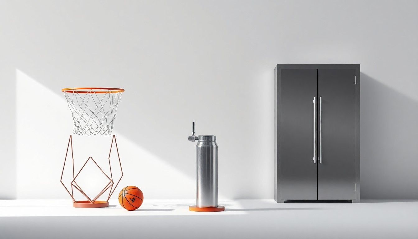 A high-end studio still life photograph featuring a polished, geometric basketball hoop, a gleaming metal liquid pump, and a sleek, modern walk-in cooler door arranged elegantly on a clean, monochromatic background, conceptually representing the diverse manufacturing capabilities found across Iowa.