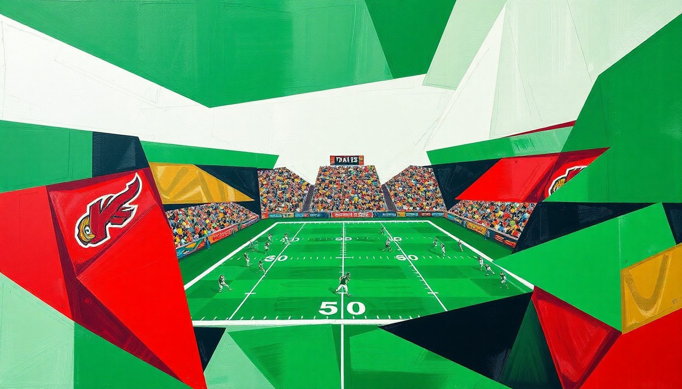 A cubist, geometric painting depicting an American football game broken down into overlapping planes of green, white, and red, conveying the strategic complexity of the sport.