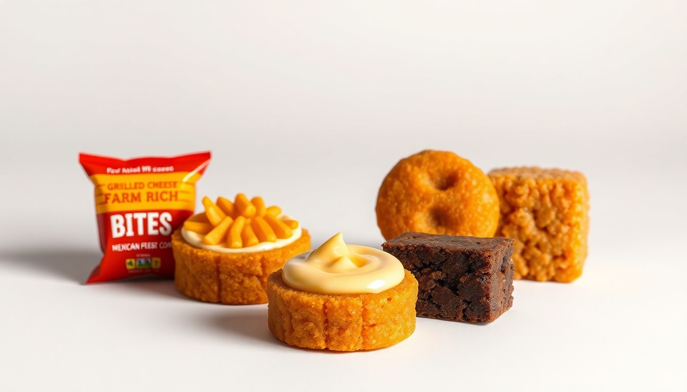 A photorealistic studio still-life photograph featuring a selection of premium, polished frozen snack bites in various sweet and savory flavors, arranged elegantly on a clean, monochromatic background to symbolize the convenience and indulgence of the new Farm Rich Bites product line.