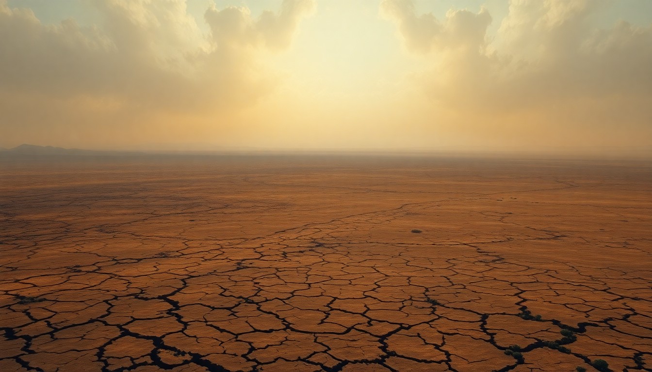 A sweeping, atmospheric landscape painting in muted earth tones, capturing the overwhelming scale of a severe drought, with a cracked, parched ground and a hazy, oppressive sky dwarfing any physical structures or objects within the scene.
