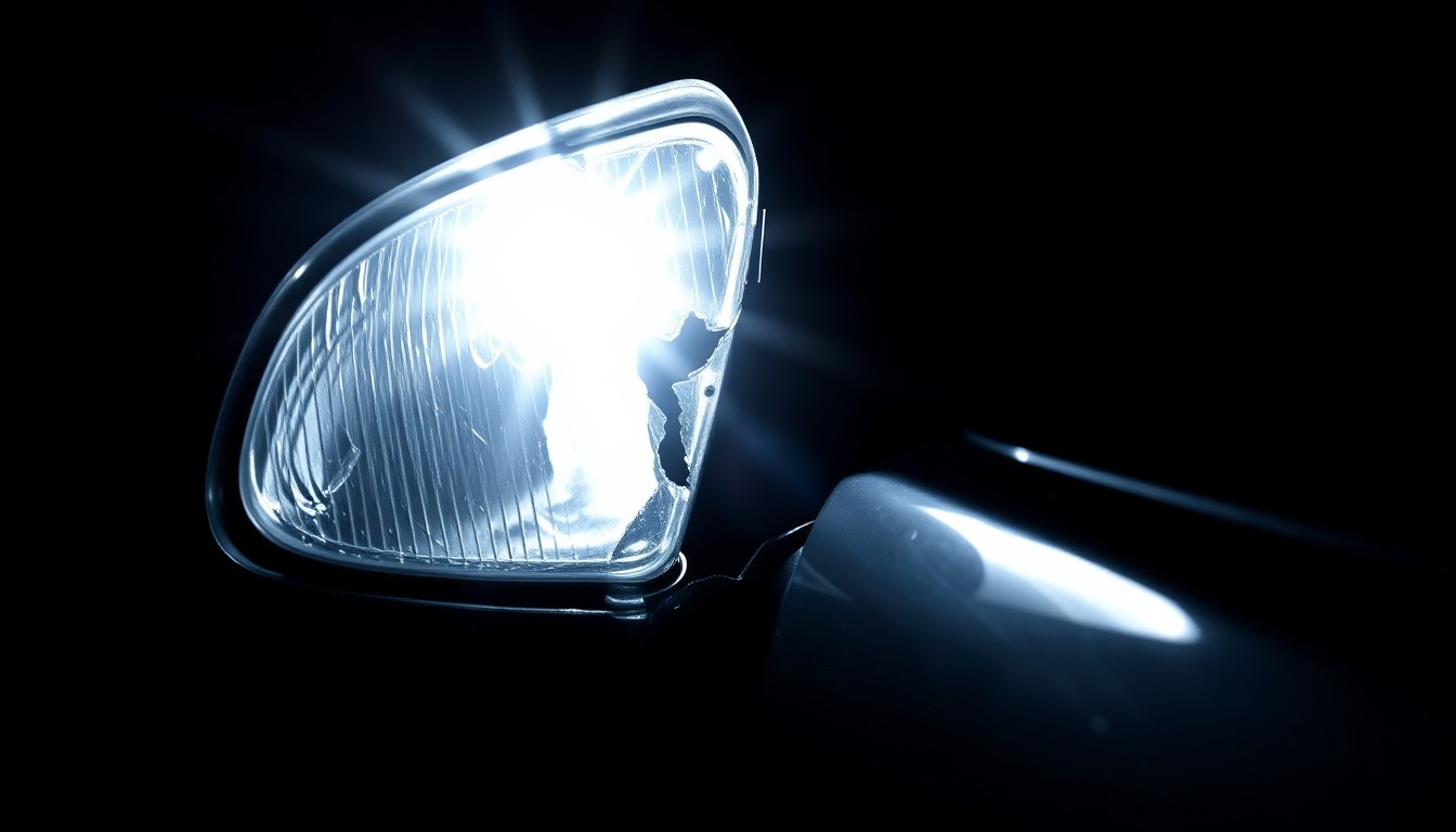 An extreme close-up photograph of a damaged car part, such as a shattered side mirror or crumpled fender, lit by a harsh, direct camera flash against a pitch-black background, conceptually illustrating the aftermath of a fatal traffic accident.