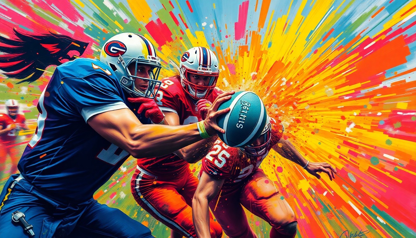 An abstract expressionist painting in neon colors depicting the dynamic movements and energy of a flag football game, with players' faces and uniforms dissolving into vibrant brushstrokes.