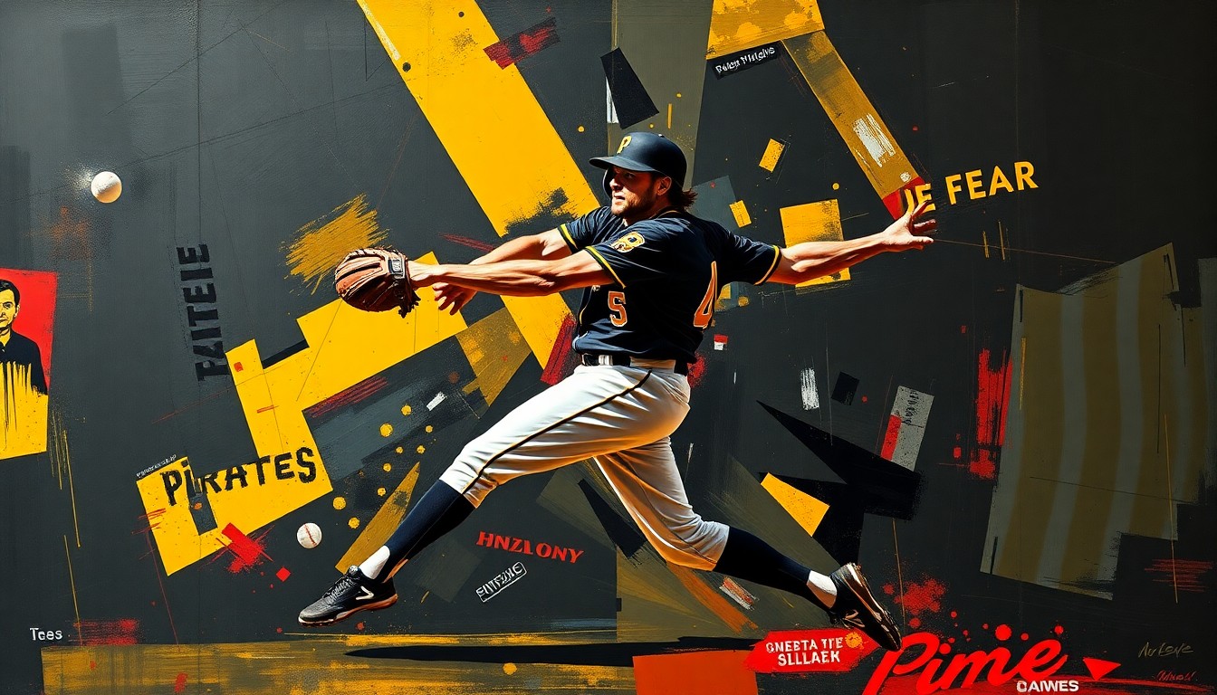 A cubist, geometric painting depicting a baseball player in motion, with their body broken down into overlapping planes of vibrant black, gold, and red colors.