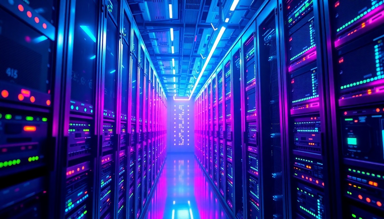A highly detailed, glowing 3D illustration of a futuristic data center server rack, with neon cyan and magenta lights illuminating the intricate hardware components, conceptually representing the advanced technology powering the digital infrastructure that enables cloud, AI, and enterprise services.