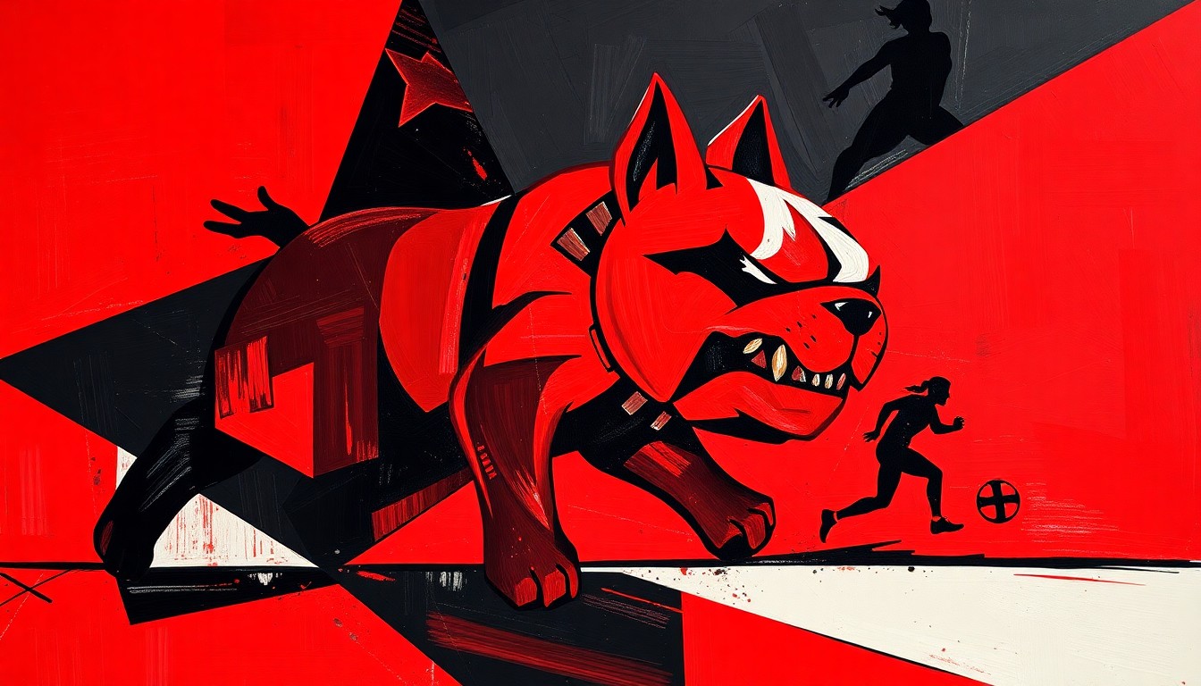 A cubist, geometric painting in red and black hues, depicting the dynamic movement and energy of a women's track and field competition through fragmented, overlapping shapes and planes.