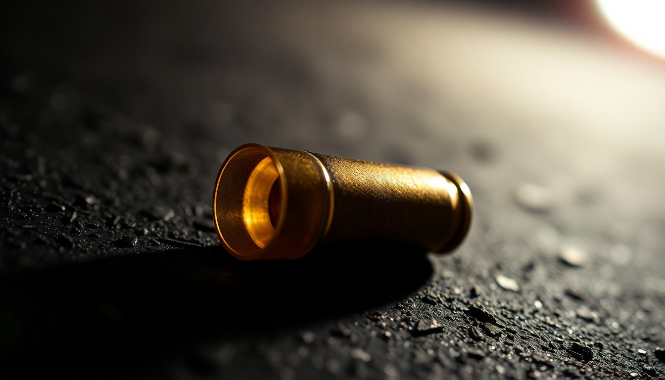 An extreme close-up photograph of a spent bullet casing on a dark, textured surface, lit by a harsh, direct camera flash, conceptually representing the investigation into a recent homicide.