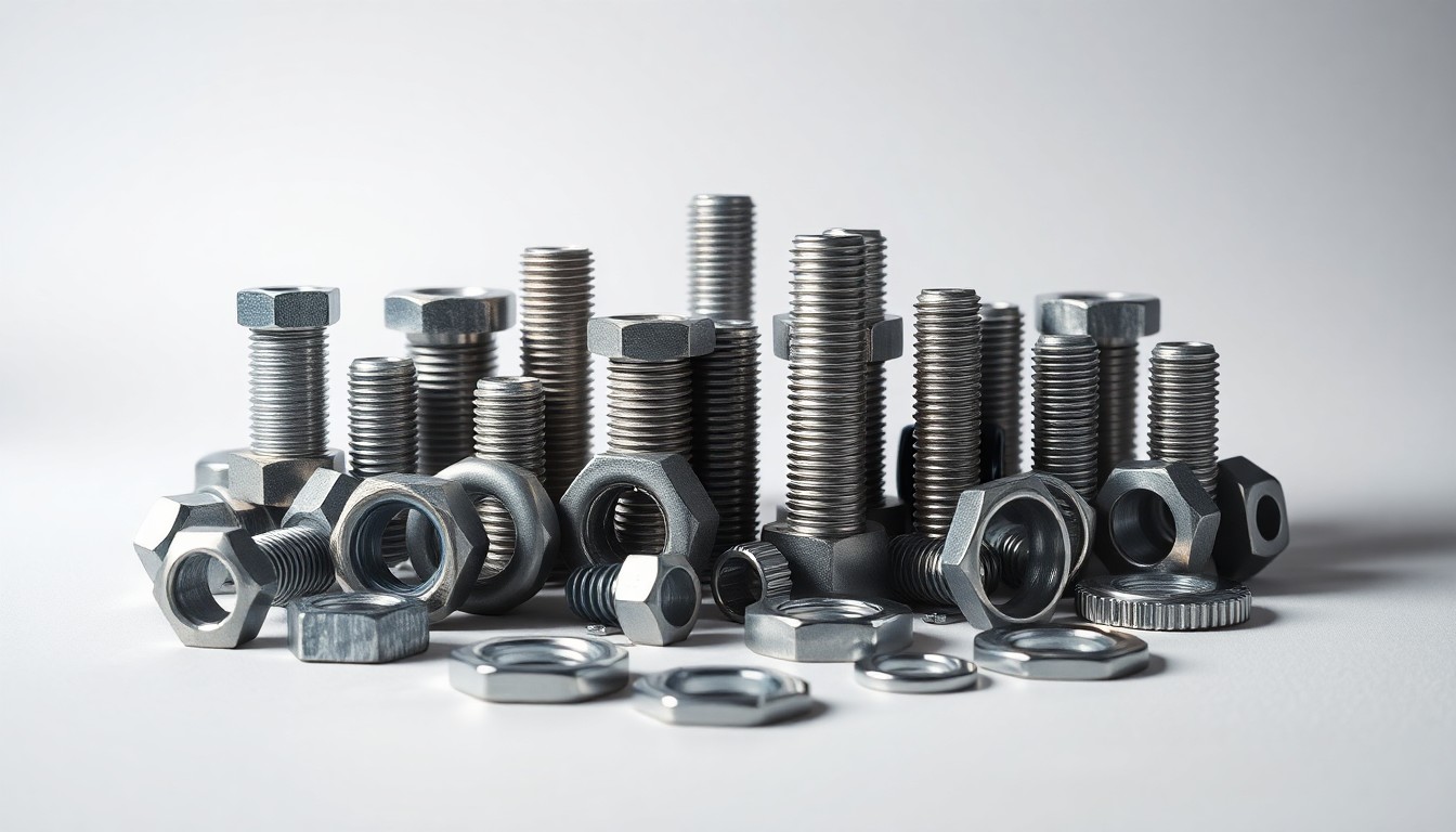 A high-end studio still life photograph featuring a collection of heavy-duty steel nuts, bolts, and washers arranged elegantly on a clean, monochromatic background, conceptually representing the abstract ideas of infrastructure, maintenance, and transportation logistics.