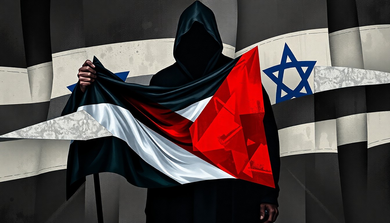 A fragmented, abstract painting in shades of green, black, and red featuring a shadowy figure holding a Palestinian flag, conveying the political tensions and violence of the Israeli-Palestinian conflict.