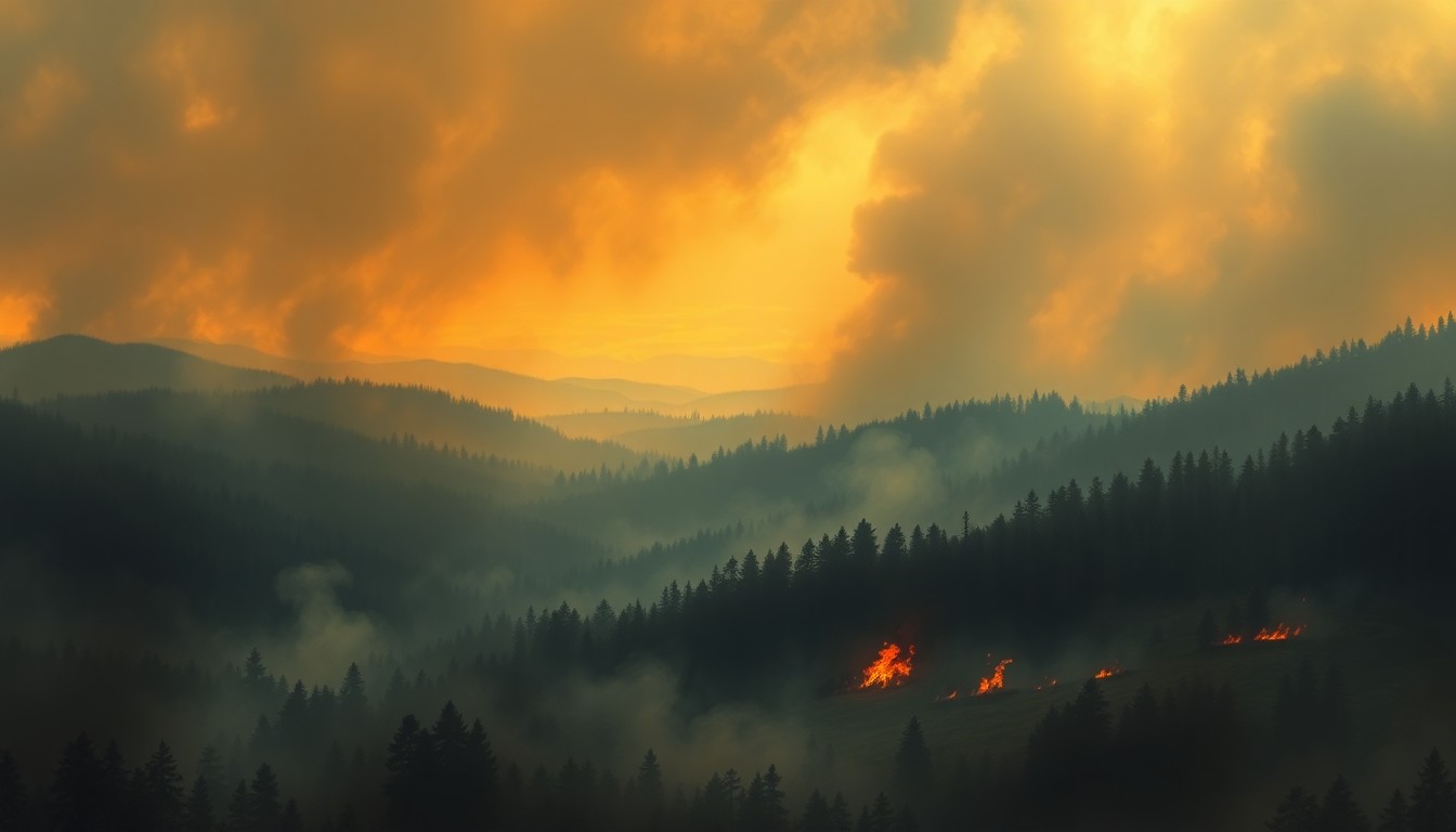 A sweeping, atmospheric landscape painting in muted earth tones, capturing the dramatic scale and power of a controlled burn in a forested area, with the smoke and flames dwarfed by the overwhelming natural environment.