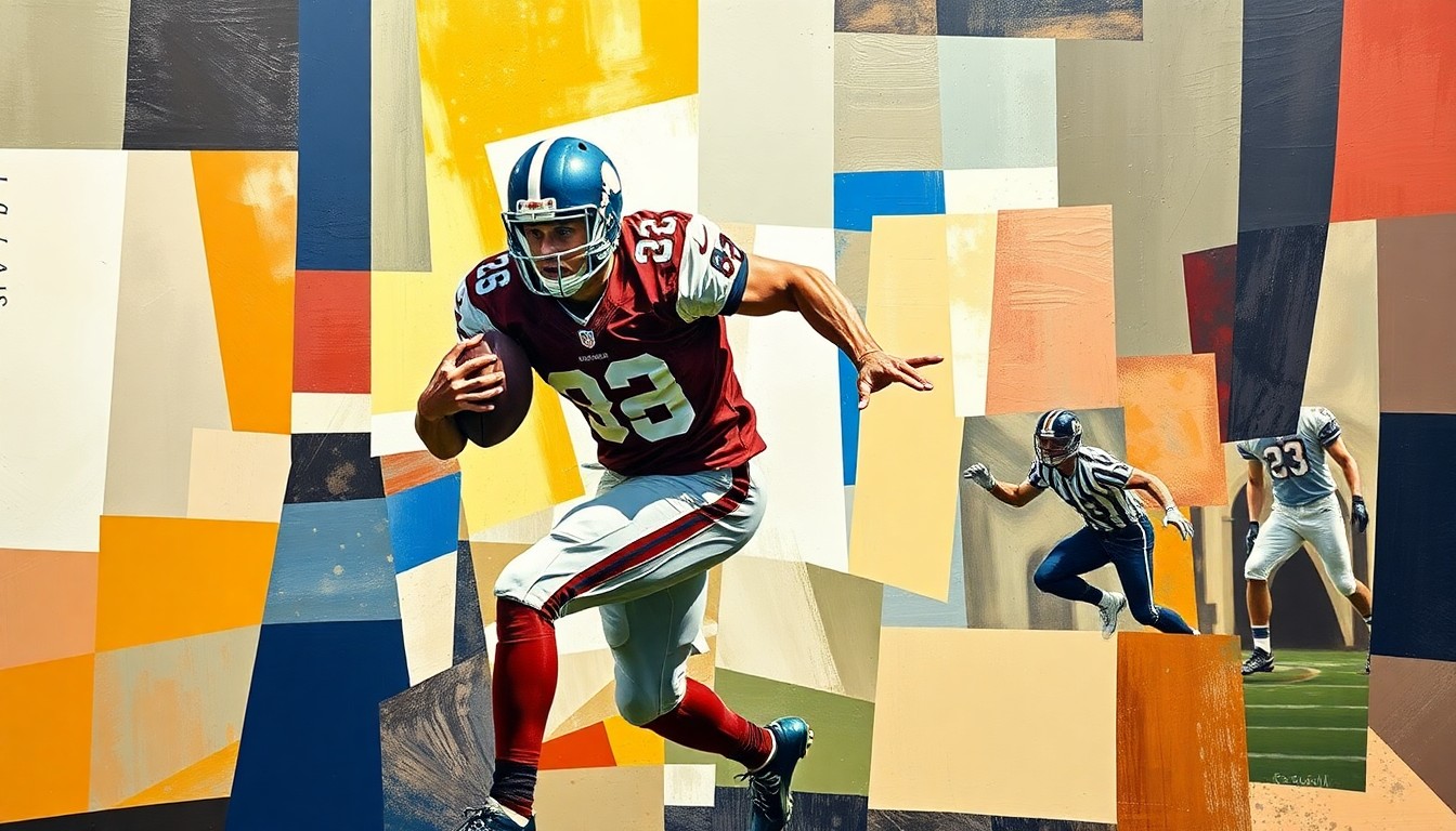 A cubist, geometric illustration depicting a football player in motion, with their body broken down into sharp, overlapping planes of color and form, capturing the dynamic energy of the sport.