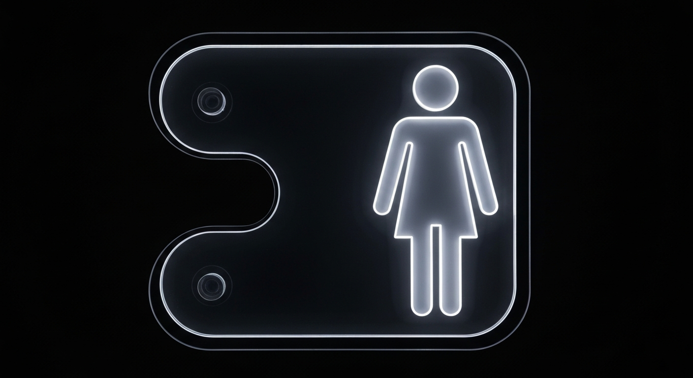 A ghostly, translucent X-ray image of a gender-neutral bathroom sign, its internal structure glowing against a dark background, conveying the hidden health impacts of limited restroom access for transgender individuals.