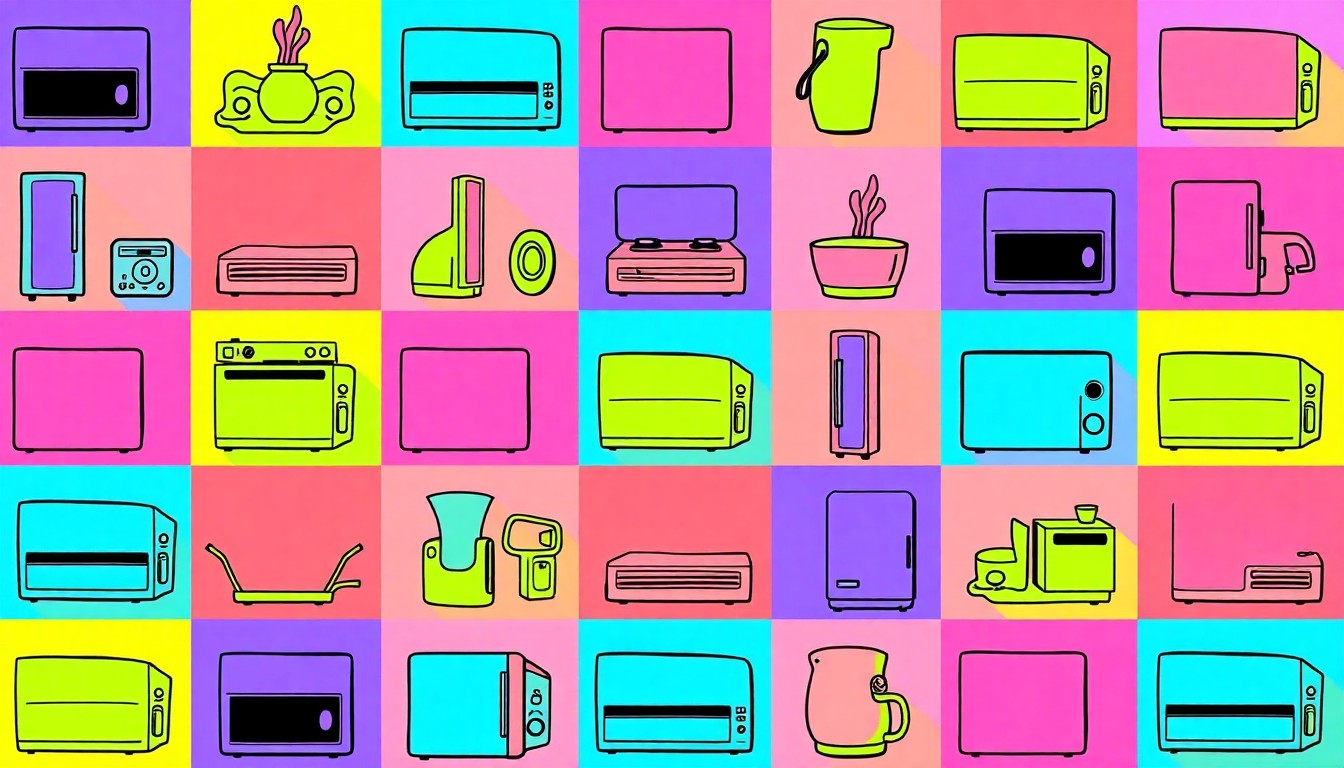 A high-contrast, silkscreen-style grid of a modern kitchen appliance or architectural detail, rendered in a bold, neon color palette that captures the luxury and visual appeal of the featured property.