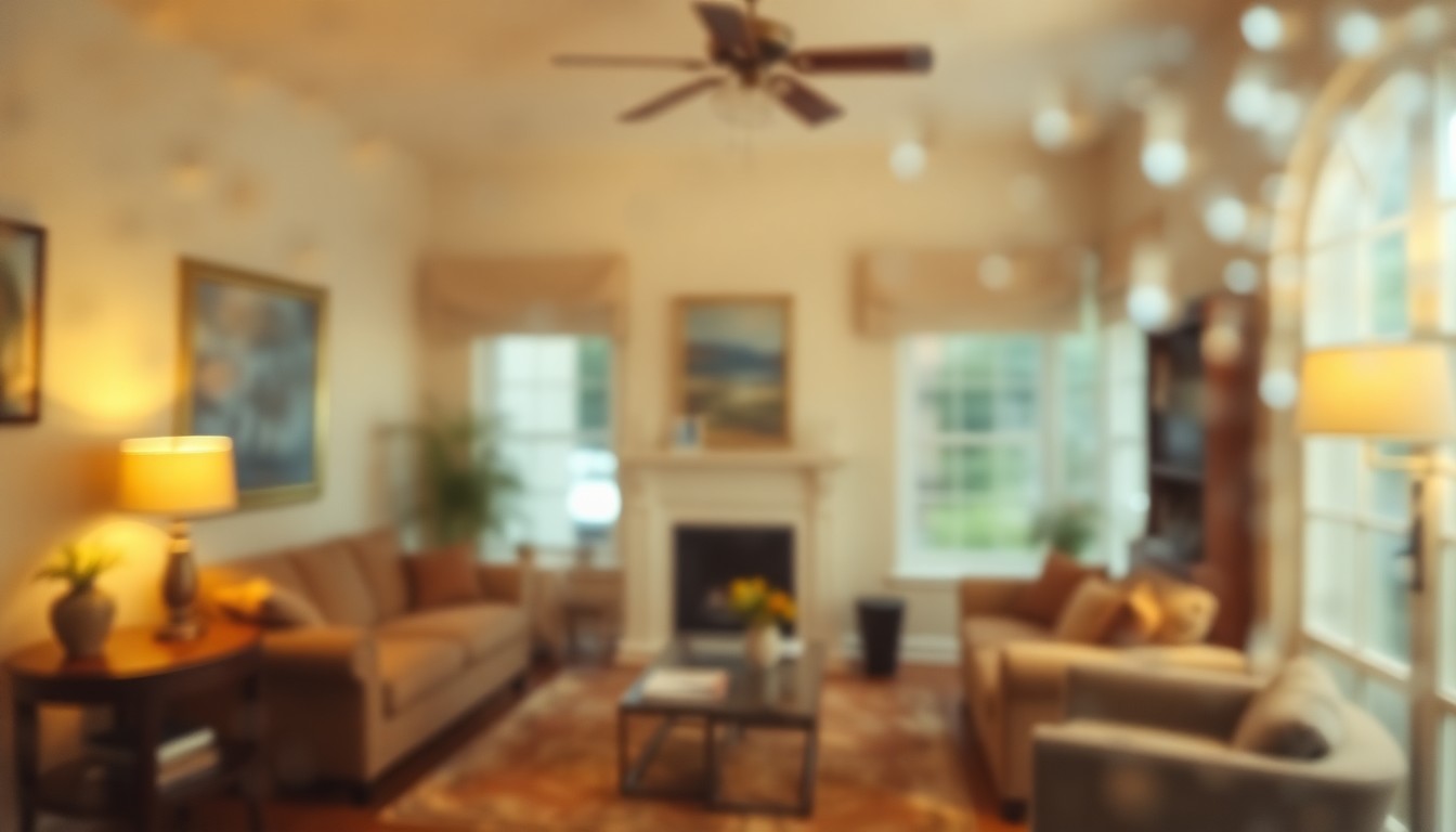 An abstract, impressionistic scene of a cozy living room with soft, blurred edges and warm, diffused lighting, conveying a sense of tranquility and elegance.