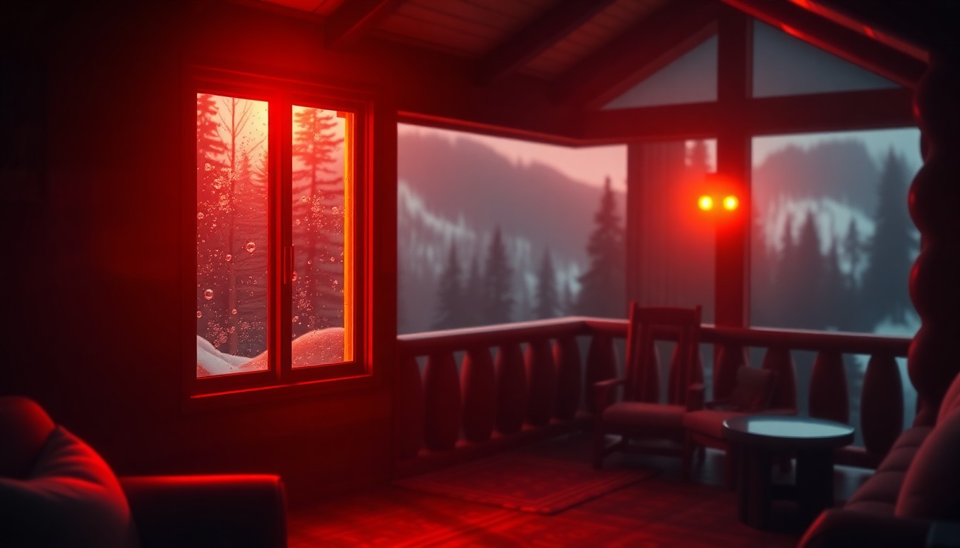 An extremely abstracted, out-of-focus photograph of a cozy mountain cabin interior, with soft pools of warm light and color reflecting off rain-streaked windows, conveying a sense of peaceful retreat.