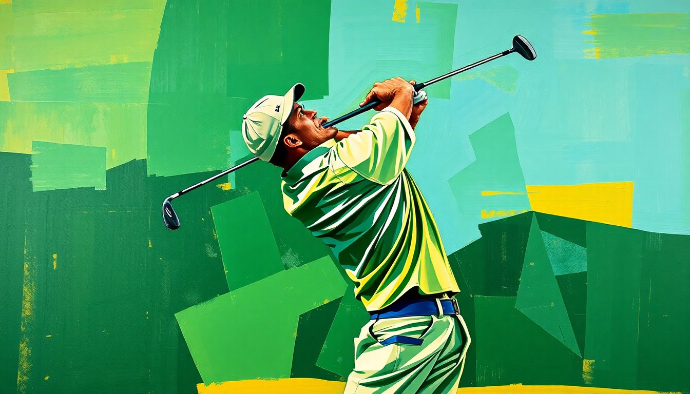 A fragmented, geometric painting depicting a golfer in mid-swing, with sharp planes of green, blue, and yellow representing the sport's dynamic motion and Thornton's lifelong journey to reach this major tournament.
