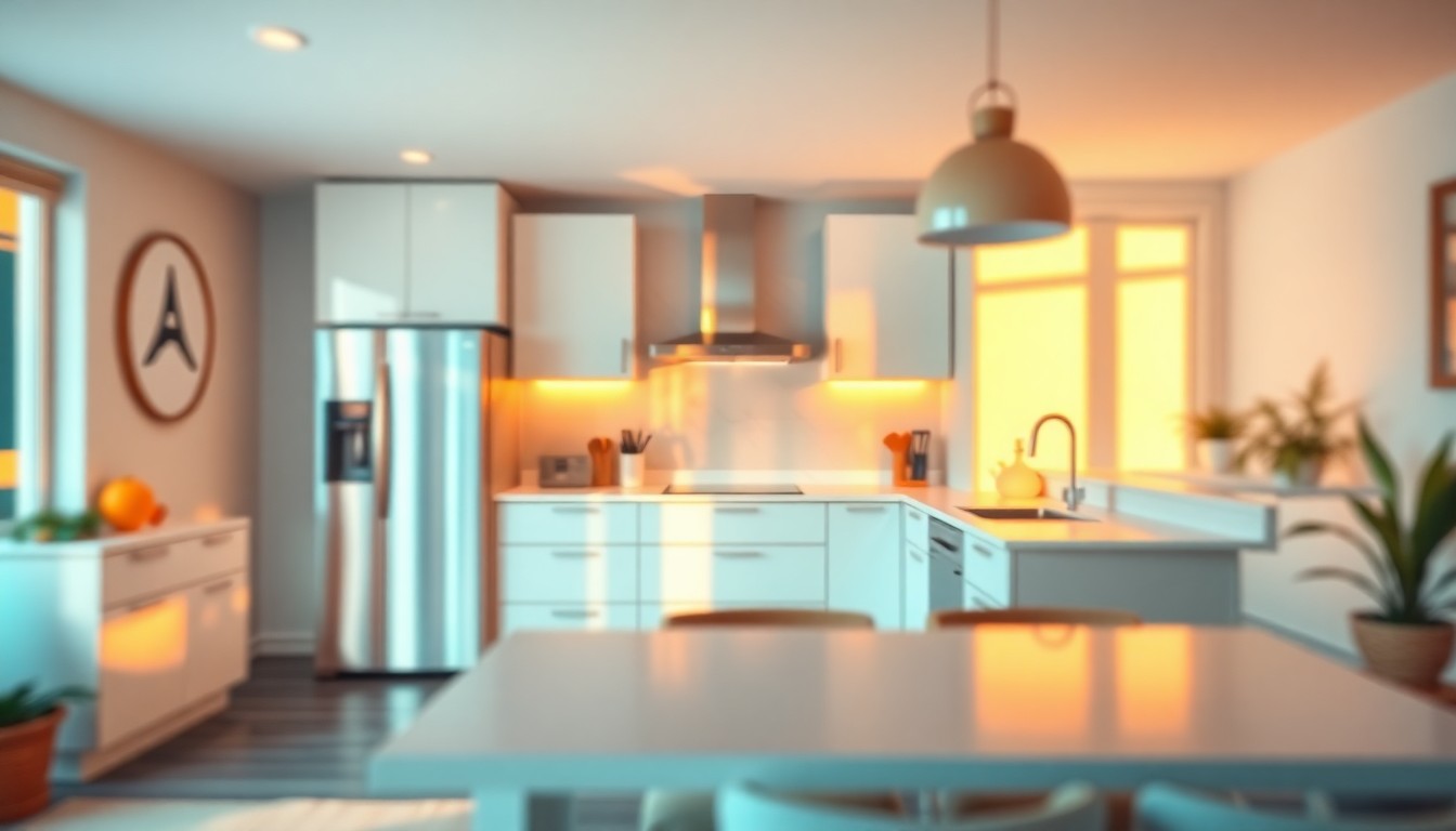 An abstract, impressionistic photograph featuring soft, blurred pools of warm light and color, conveying the cozy, lifestyle-focused atmosphere of a modern, open-concept kitchen.