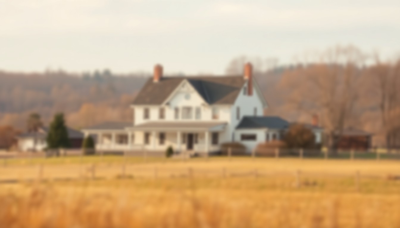 An extremely abstracted, out-of-focus photograph in soft, warm tones depicting the blurred silhouette of a classic two-story farmhouse surrounded by a pastoral landscape, conceptually representing the serene and inviting atmosphere of the property.