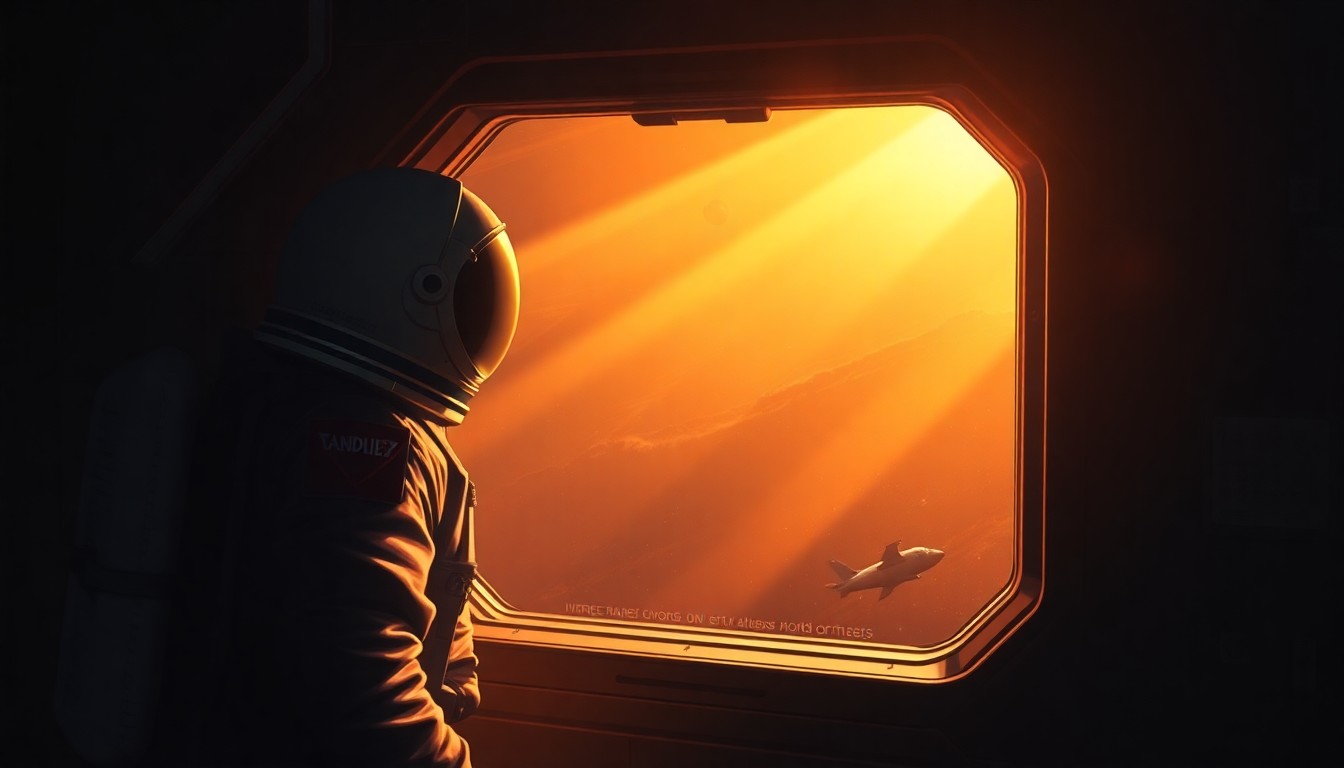 A serene, cinematic painting of an astronaut silhouetted against the Earth, the planet's curvature and vibrant colors reflected in the spacecraft window as the astronaut gazes out contemplatively, capturing the profound experience of the 'overview effect'.