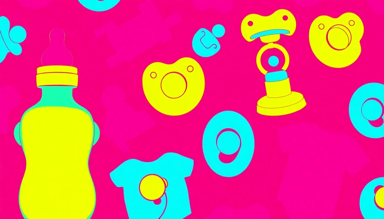 A brightly colored, high-contrast silkscreen print of a baby bottle repeated in a tight grid pattern, using vibrant neon colors and heavy black outlines to transform the everyday object into modern pop art.