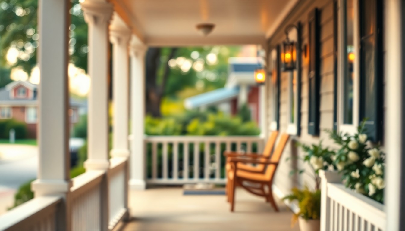 An extremely abstracted, out-of-focus photograph of a cozy front porch with warm lighting and blurred greenery in the background, conveying the inviting atmosphere of a charming residential neighborhood.