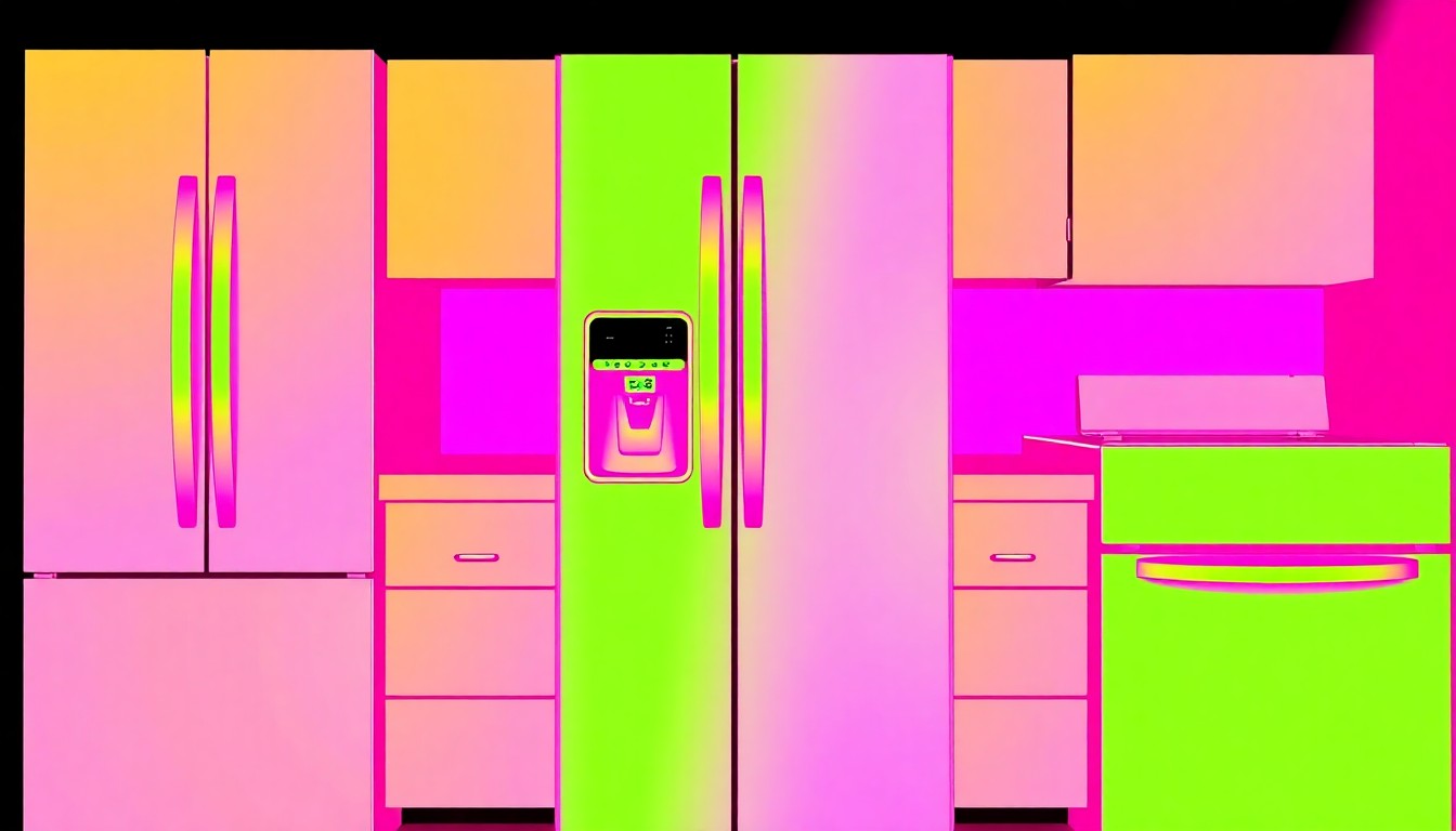 A brightly colored, high-contrast silkscreen print of a modern kitchen appliance, such as a stainless steel refrigerator or oven, repeated in a tight grid pattern in the style of Andy Warhol, conceptually representing the upgraded features and amenities of a luxury home.