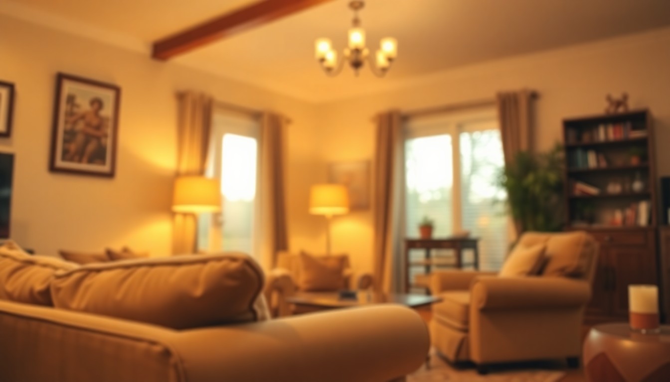 An extremely abstracted, out-of-focus photograph of a warm, inviting living room scene with soft pools of light and color, conveying the comfortable and functional atmosphere of the home.
