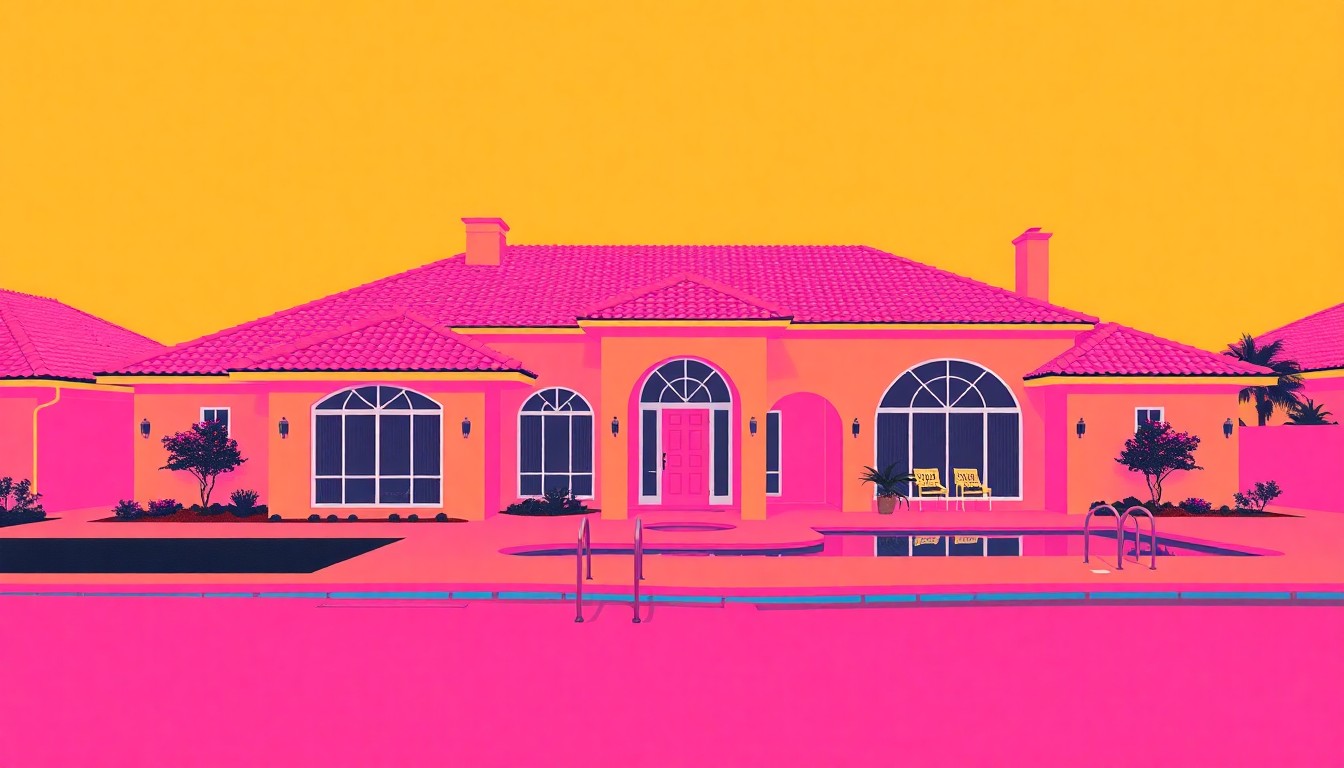 A brightly colored, high-contrast silkscreen print of a single, iconic luxury home exterior repeated in a tight grid pattern, utilizing flat, vibrant neon color palettes and heavy black photographic outlines to transform an everyday suburban home into modern pop art.