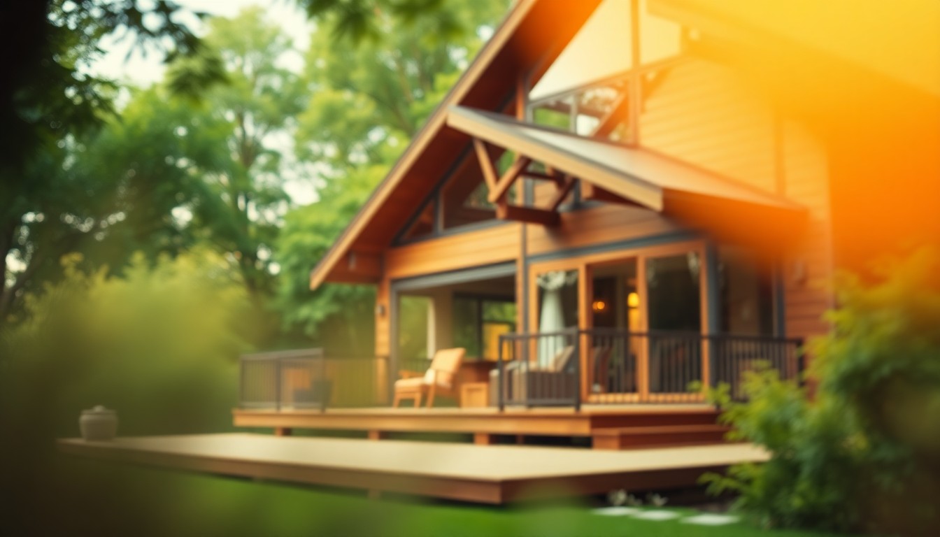 An abstract, blurred photograph in shades of amber, ochre, and sage green, depicting the exterior of a modern home with a large deck and lush greenery in the background, conveying a sense of warmth and tranquility.