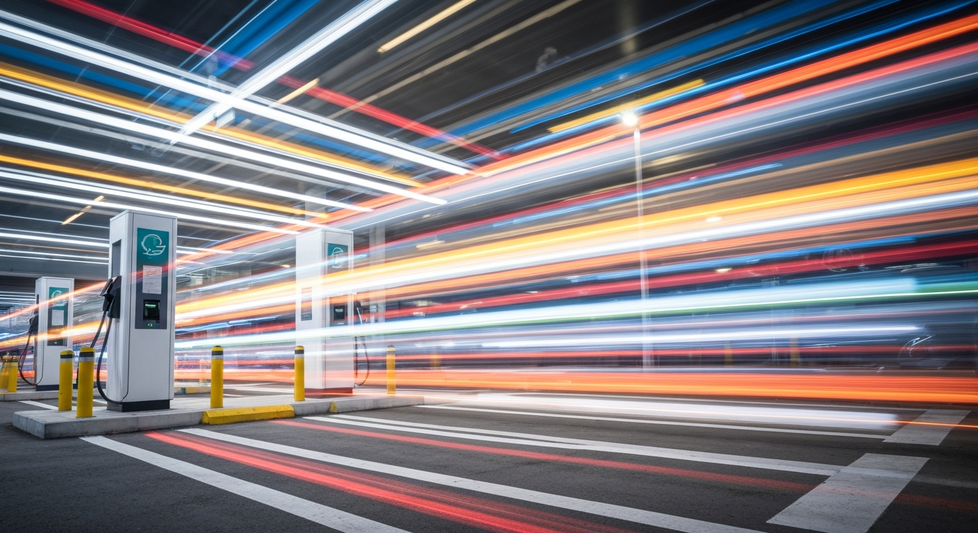 Apstraktna, šarena slika stanice za punjenje električnih vozila, s pojedinačnim punjačima i infrastrukturom zamagljenim u dinamične trake kretanja, prenoseći osjećaj brzine, tehnologije i modernog putovanja.