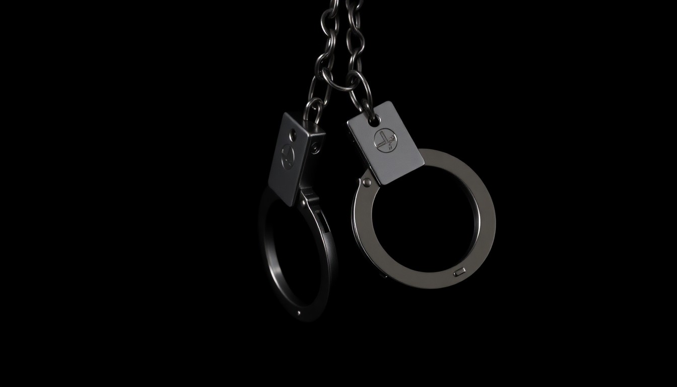 An extreme close-up photograph of a pair of handcuffs against a pitch-black background, lit by a harsh, direct camera flash, conceptually representing the criminal investigation into juvenile hall staff.