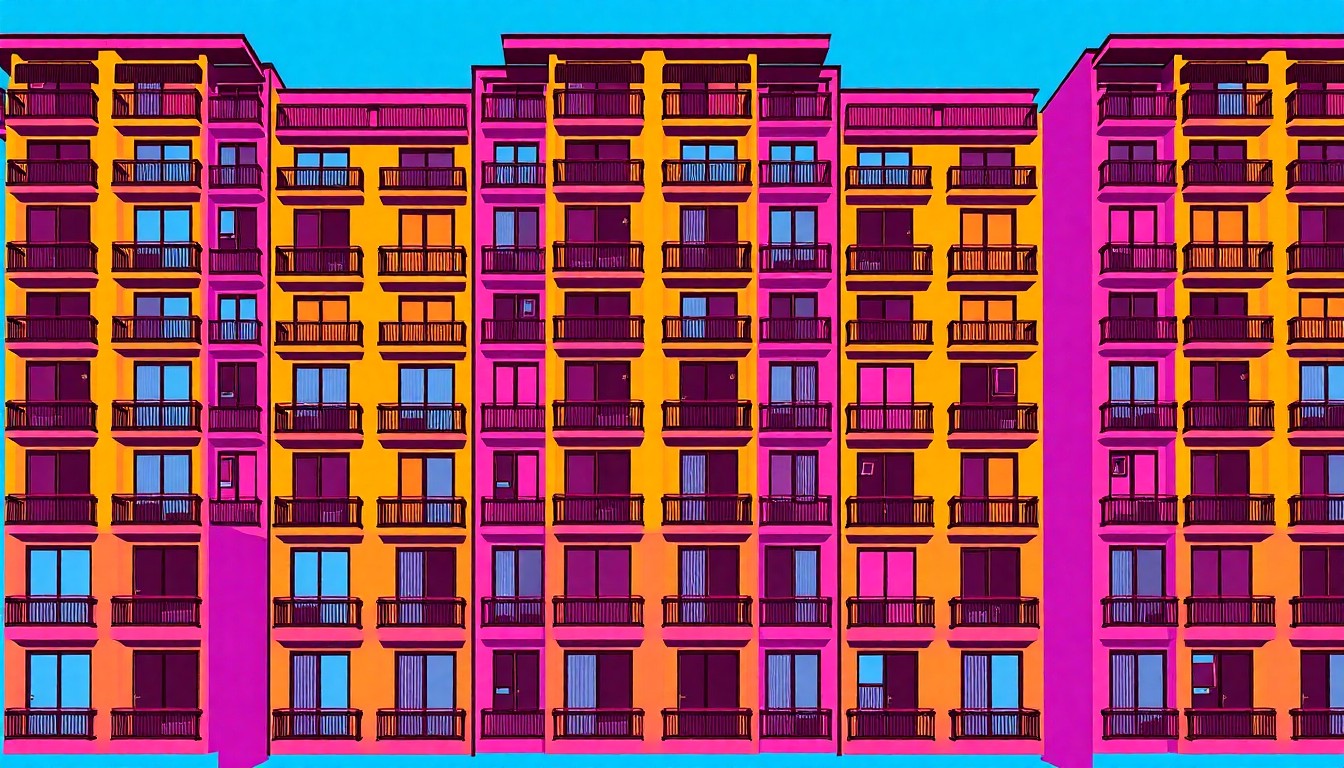 A vibrant, abstract silkscreen-style illustration of a modern high-rise condominium building facade, rendered in a bold, neon color palette that captures the energy and exclusivity of upscale urban development.