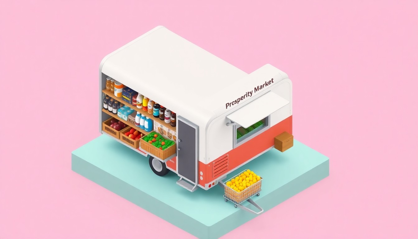 A clean, modern, isometric 3D digital illustration depicting a miniature Prosperity Market mobile grocery trailer floating on a pastel pink background. The trailer features shelves stocked with packaged goods from Black-owned brands and crates of fresh produce from local Black farmers, with a built-in food truck at the front.