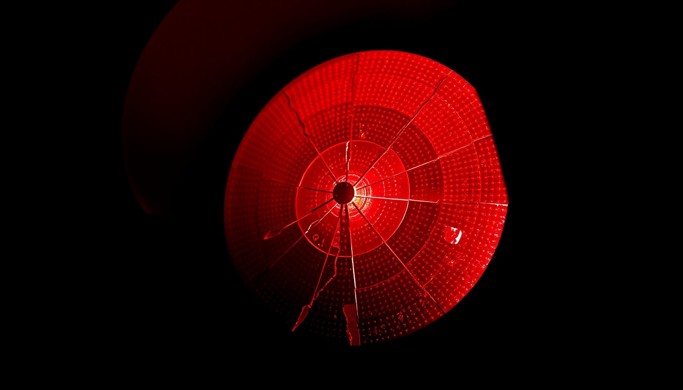 An extreme close-up photograph of a shattered red traffic light lens reflecting a bright flash of light, conceptually illustrating the dangerous consequences of running red lights in Charlotte.