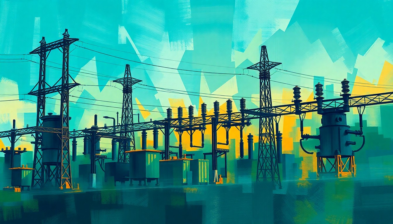 A vibrant, abstract painting depicting an electrical power substation in overlapping, fractured geometric shapes and waves of blue, green, and orange, conveying the urgency and complexity of Maryland's energy challenges.