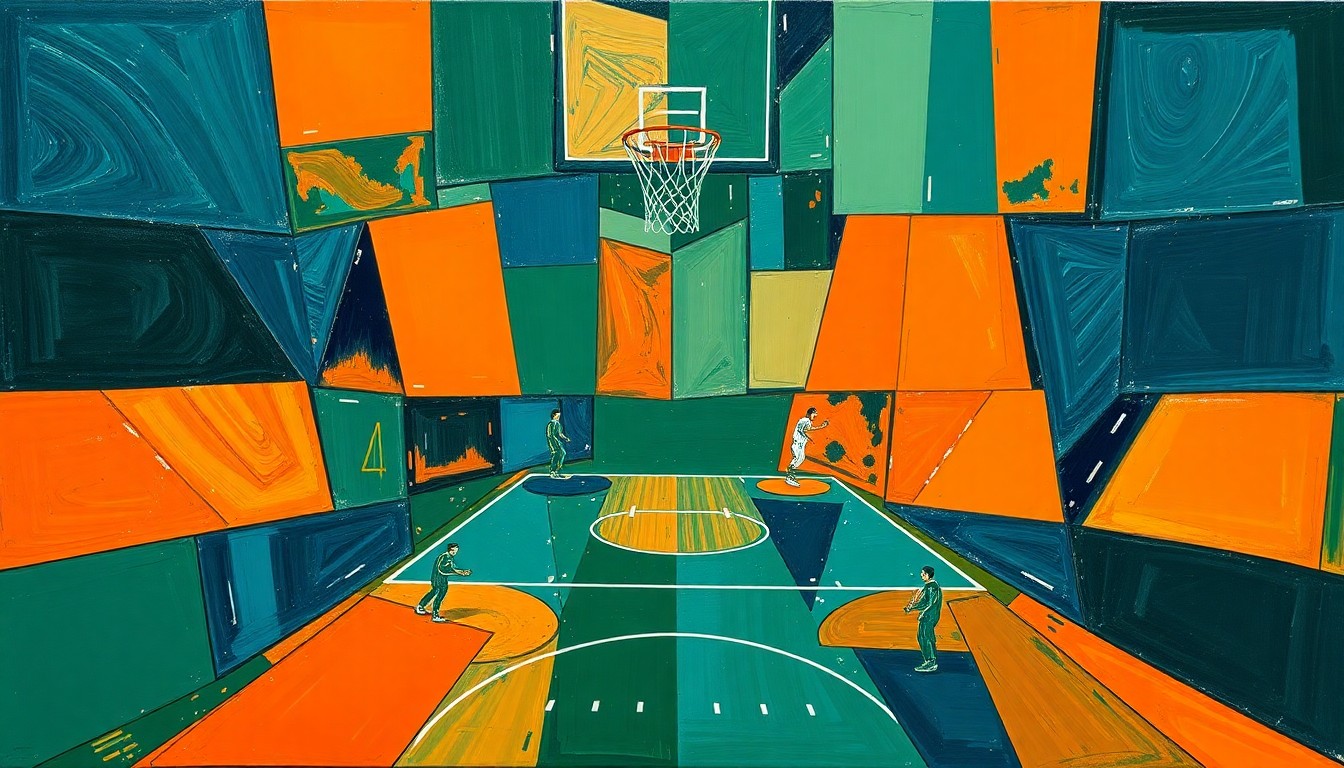 A cubist, geometric painting depicting the overlapping movements and collisions of basketball players on a court, rendered in a palette of navy, green, and orange.