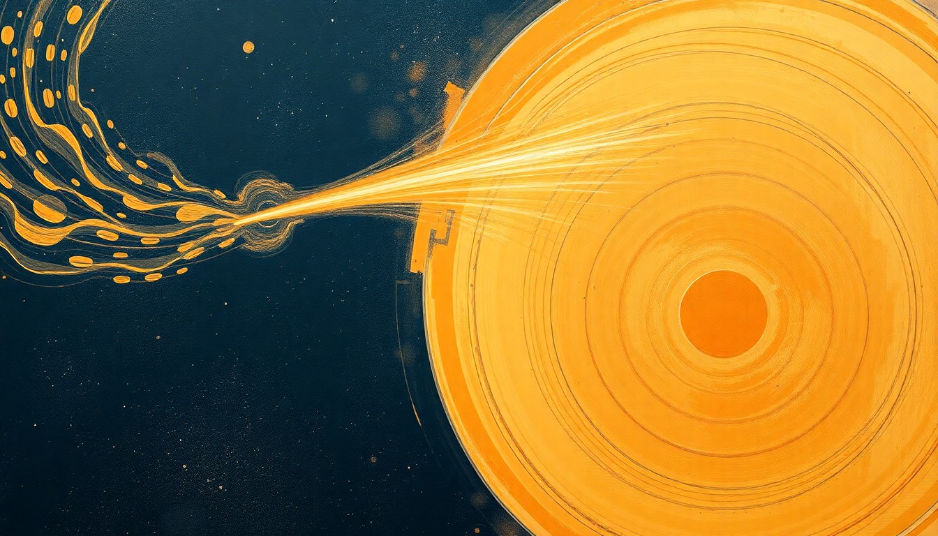 A highly textured, abstract painting in earthy tones of ochre, sienna, and indigo, featuring sweeping geometric arcs, concentric circles, and precise botanical spirals, conceptually representing the complex physical forces behind a meteor fireball streaking across the night sky.