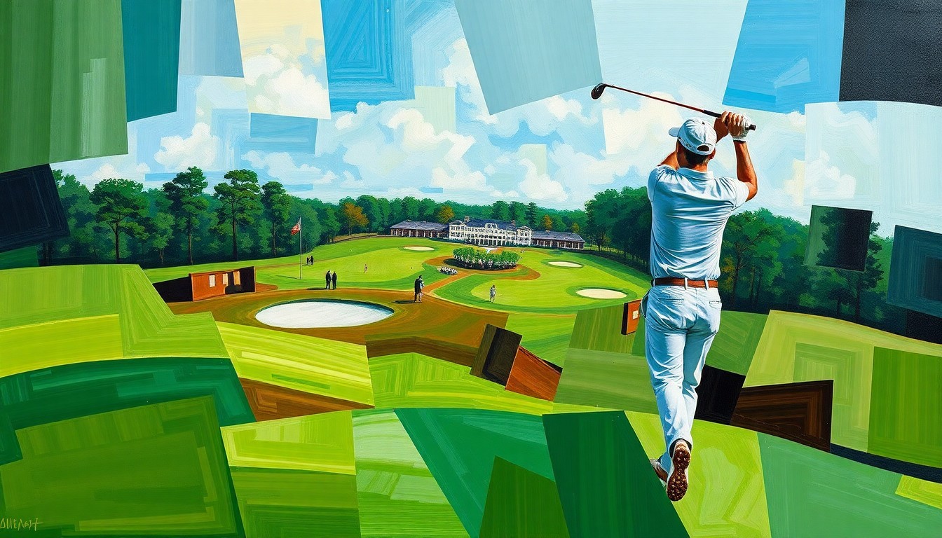 A cubist, geometric painting depicting an abstract, deconstructed view of a golfer's swing and the Augusta National golf course, with sharp planes of green, brown, and blue hues.
