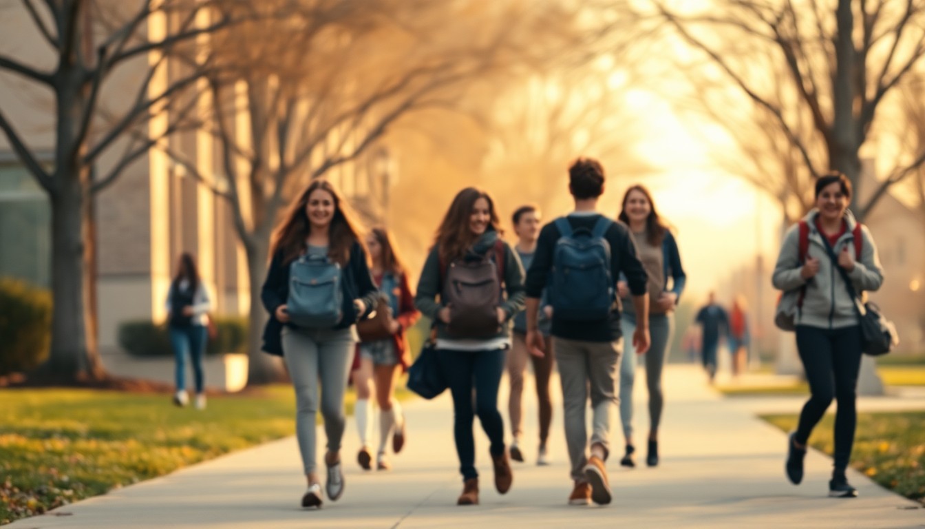 An abstract, impressionistic photograph depicting a group of students walking together on a college campus, their faces and details obscured in a soft, out-of-focus wash of warm, muted colors, conveying a sense of optimism and possibility.