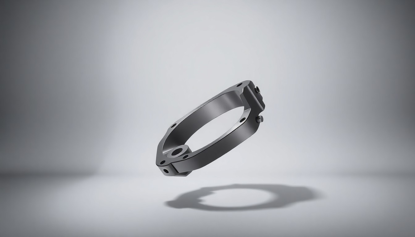 A highly detailed, photorealistic studio photograph of a polished metallic tractor part or component, floating against a clean, monochromatic background and dramatically lit to convey a sense of corporate strategy and market dynamics.