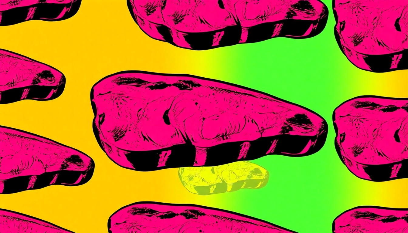 A high-contrast, silkscreen-style grid of a single, iconic beef cut repeated in a variety of bold, neon colors, conceptually representing the diverse flavors and textures of premium beef.