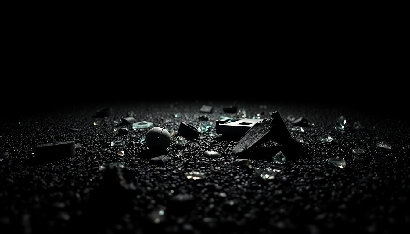 An extreme close-up photograph of shattered car parts and broken glass scattered on the dark pavement, conveying the harsh, sudden impact of the crash in a stark, investigative visual style.